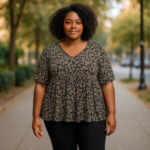 Skyes The Limit Black Floral Short Sleeve Babydoll Blouse SZ 3X Forest Fairy